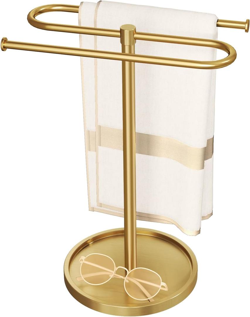 Bathroom Hand Towel Holder Stand Gold, S-Shape Countertop Towel Standing, Stainless Steel Towel Rack Bar Holds 2 Towels for Kitchen (14 Inch)