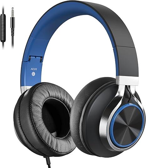 COOSII AC01 OverEar Headphones Wired, Passive Noise Isolating Corded Stereo Headsets with Mic Volume Control for Adults Teens 3.5mm for Chromebooks, Laptop, Computer, Tablets, Travel (Black Blue)