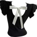SweatyRocks Women's Ruffle Cap Sleeve T Shirts Bow Tie Back Crew Neck Slim Fitted Tops (Black, S)