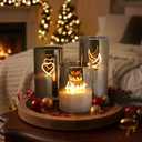 Gold Glass Flameless Pillar Candles,LED Fake Candles Battery Operated Set of 3(Love Heart and Moon)