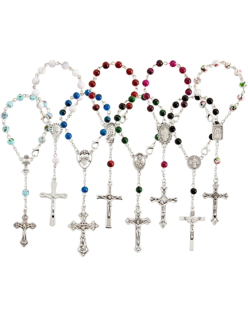 Juvale 24 Pack Small Catholic Rosary Bracelet for Women and Men - Prayer Beads for Baptism Christening, Prayer Room, Altar, (8 Colors & Crucifix Designs) - Rosary Beads Bracelet