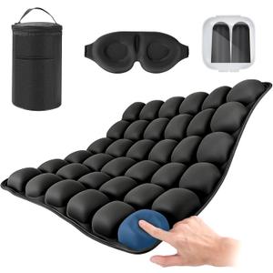 Portable Inflatable Seat Cushion, Airplane Travel Cushion Kit with Storage Pouch, Eye Mask & Earplugs, Fits Airplane Seat/Car/Office/Chairs (36 Air Cells)