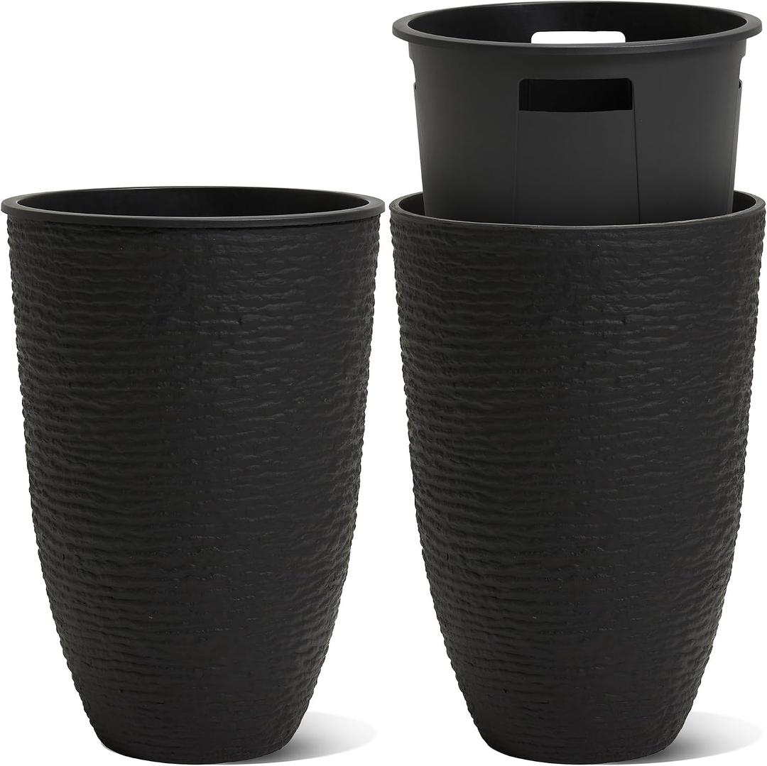 Worth Garden 2-Pack 21" H. Black Tall Planters with Inside Pots - 14'' Dia Plastic Large Round Plant Tree Pots - Decorative Imitation Stone Finish for Indoor Outdoor Front Porch Container Patio