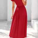 KIRUNDO Smocked Summer Dresses for Women 2025 Wedding Guest Midi Flowy Ruffle Short Sleeve Square Neck Tiered Sundress (Red, L)