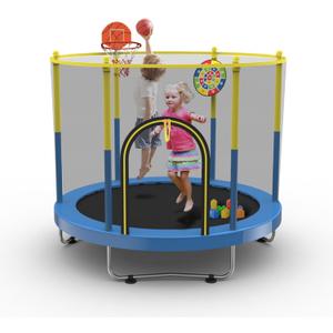 72" Trampoline for Kids with Net,6 FT Indoor & Outdoor Small Toddler Trampoline with Basketball Hoop & Dart Board for Ages 1-8, Birthday Gifts for Boys & Girls, Baby Toddler Christmas Toys (Blue/Yellow)