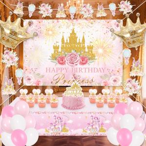 Happy Birthday Decorations For Women Men,Birthday Backdrop,Banner Balloons,Table Cloth,Paper pom poms Party Supplies for Girls Boys (Princess)