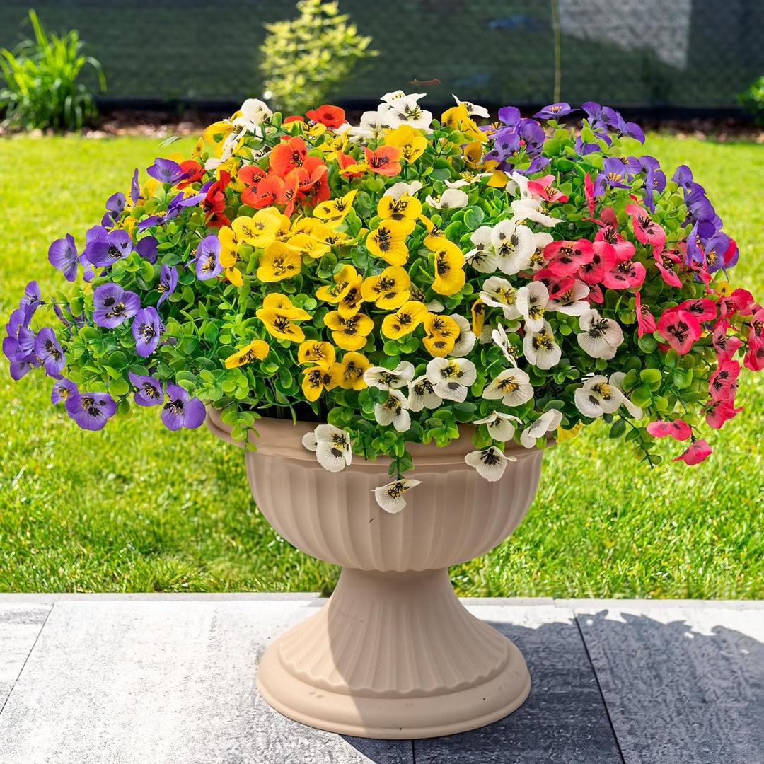 20 Bundles Artificial Fake Pansy Flowers for Outdoor - Yellow, White, Purple, Sunset red & deep pink Faux Pansies Flowers, Fake Flowers for Outdoor Planters, Porch, Garden, and Home Decoration