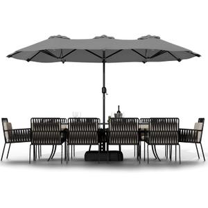 Shintenchi 16FT Large Patio Umbrella with Base, Outdoor Double-Sided Rectangular Umbrella, Market Umbrella with Crank Handle for Poolside Lawn Garden, Gray (Grey)