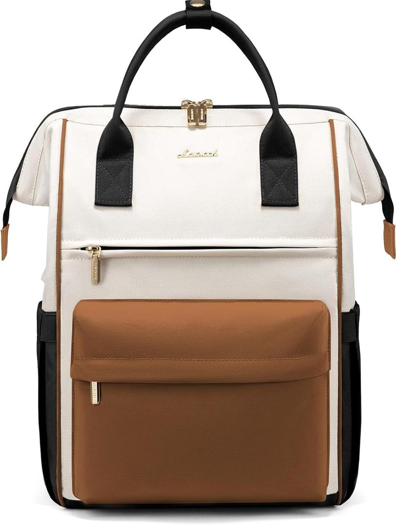 LOVEVOOK Laptop Backpack for Women Men, Teacher Nurse Work Bag Waterproof Fashion Travel Backpack Purse, 17.3 Inch Computer Backpack with USB Port (Beige-brown-black)