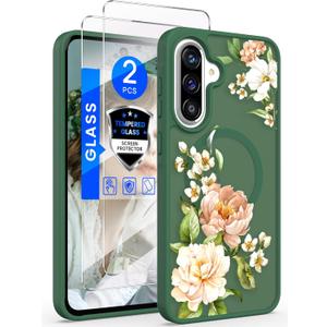 for Samsung Galaxy A36 5G Floral Phone Case with 2X Screen Protector, Military Grade Magnetic Translucent Matte Girls Women Flower Pattern Protective Cover for A36 5G (Green)
