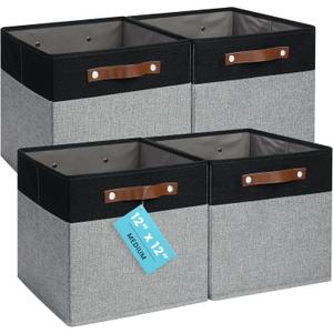 OrganiHaus 12" x 12" x 12" Fabric Storage Bins - Set of 4, Cube Canvas Organizer Bins with Vegan Handles, Kallax Storage Cubes, Cubbies Organizer Boxes, 12 Inch Cubic Baskets for Shelves - Grey/Black