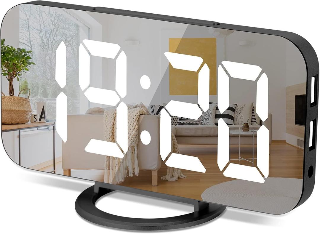 Sukeen Digital Alarm Clock,6" Large LED Display with Dual USB Charger Ports | Auto Dimmer Mode | Easy Snooze Function, Modern Mirror Desk Wall Clock for Bedroom Home Office for All People (Black)