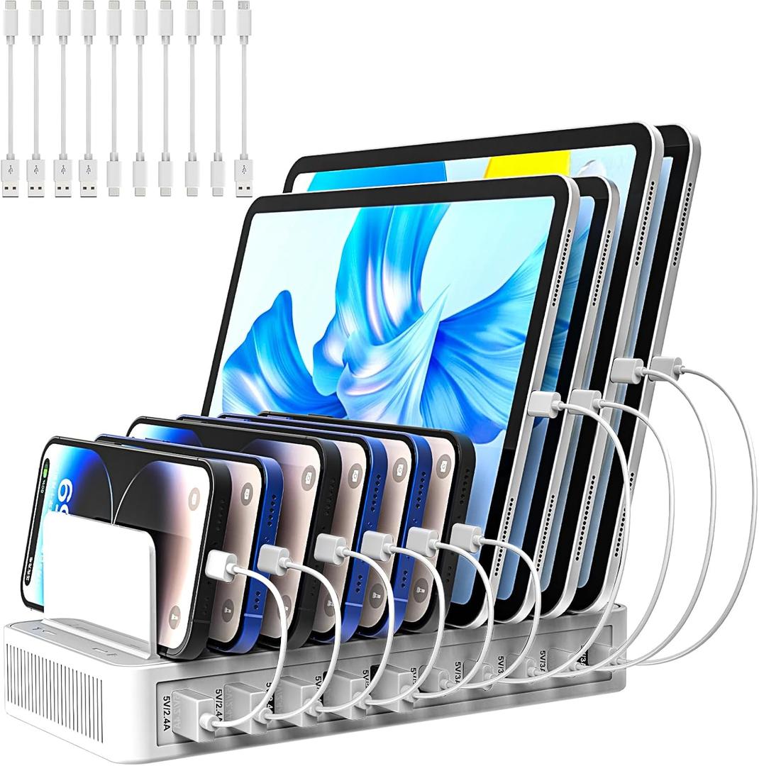 Charging Station for Multiple Devices, 100W 10 Ports Flat Plug Charging Dock with 10 Cables Smart IC Tech and Adjustable Dividers Type-CMulti USB Charger for iPhone Galaxy iPad TabletWhite