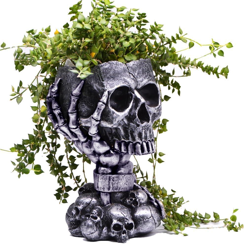 Skull Planter, Gothic Planters for Halloween Decorations Indoor/Outdoor Plants, Goth Flower Pots, Plant Pots, Skull Flower Pot, Plant Pot, Unique Vase with Drainage(Tall Black)