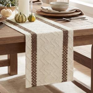 Artoid Mode Light Coffee Stripe Woven Table Runner, Seasonal Holiday Hollow Kitchen Dining Table Decoration for Home Party Decor 12x72 Inch