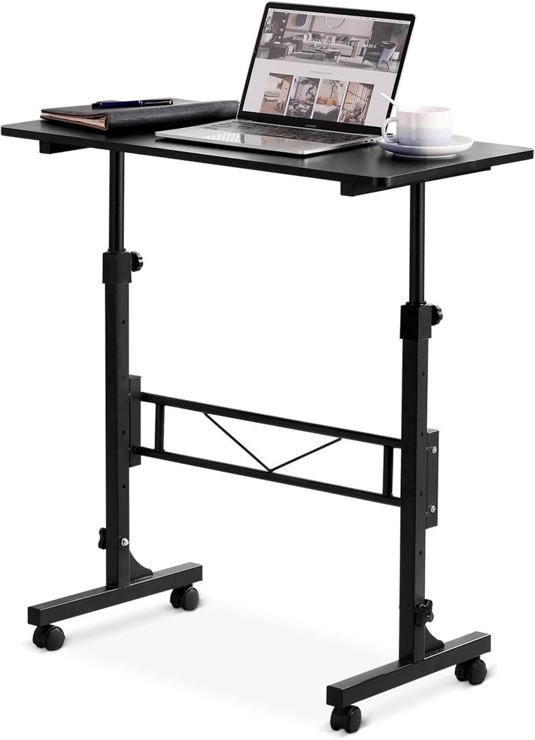 Small Standing Desk Adjustable Height, Mobile Stand Up Desk with Wheels, 32 Inch Portable Rolling Desks for Walking Pad Treadmill Black