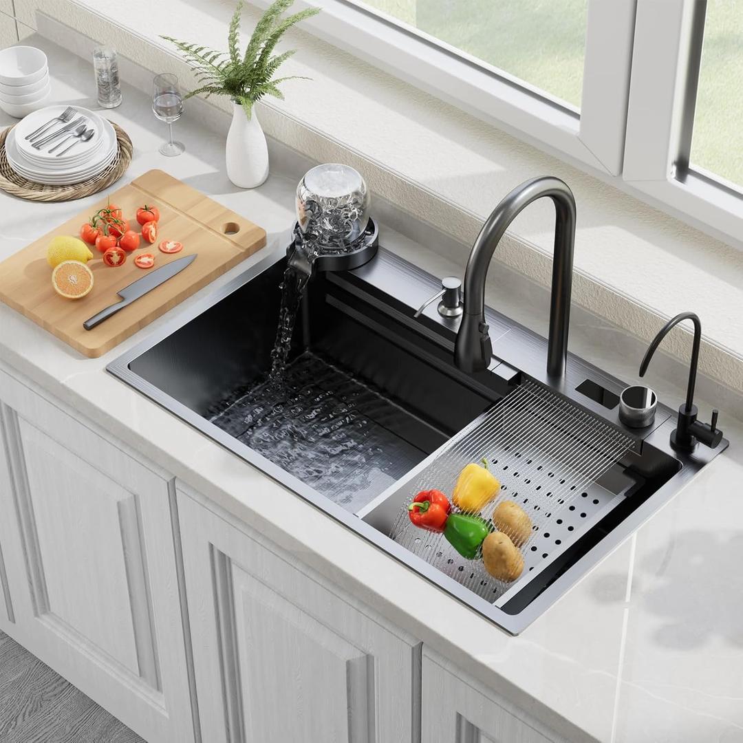 29.5 Inch Waterfall Kitchen Sink with Faucet, Black Stainless Steel Workstation Sink Combo with Cup Washer, Digital Display, Cutting Board and Drain Set, Single Bowl Drop In Kitchen Sink