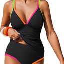 ZAFUL Women Two Piece Tankini Set High Waisted Color Block Swimwear Tummy Control Cute V Neck Modest Summer Bathing Suit (A03 Black, XL)