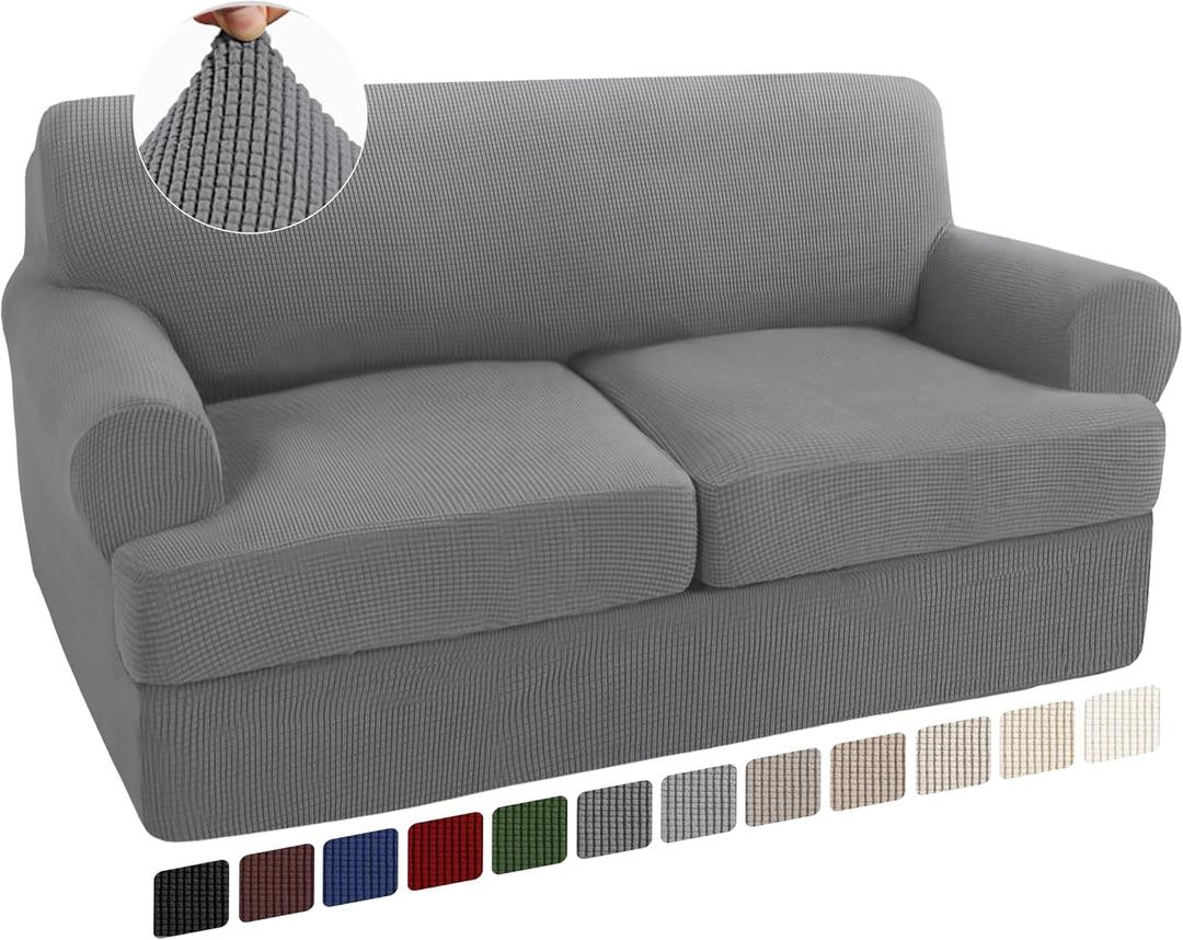 Turquoize 3 Piece T Cushion Loveseat Slipcovers Sofa Cover for 2 Cushion Couch Cover Washable Sofa Slipcover Furniture Covers with 2 Individual T Cushion Seat Covers (2 Cushion Loveseat, Dove)