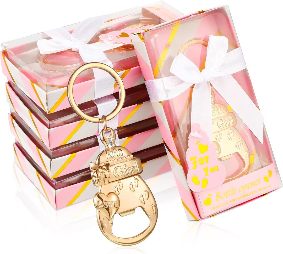 Sieral 24 Pcs Baby Shower Bottle Opener Party Favor for Guest Gold Keychain Gifts Decorations Souvenirs for Girls Boys Baby Birthday Gender Wedding Reveal Bridal Party Decor (Girl)