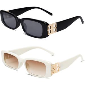 Allarallvr Rectangle Sunglasses for Women 90s Retro Trendy Y2K Classical Vintage Square Shades AR82037 (B2 Pack Darkblack+beige White)