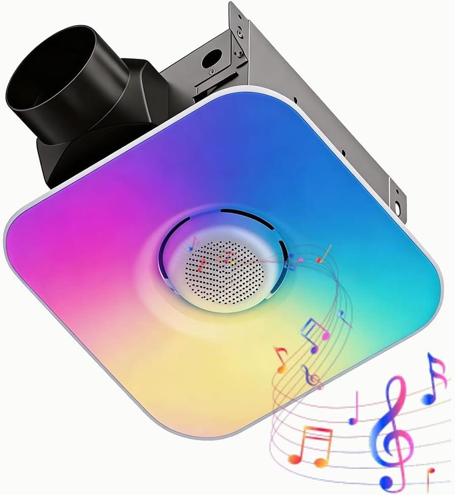 Bathroom Exhaust Fan with Bluetooth Speaker & RGB Light, 110 CFM 1.5 Sones Ultra Quiet, 5CCT Tunable LED, 95 RGB Rhythm Modes, App & Remote Control, Ceiling Ventilation Fan for Shower/Attic/Bedroom, 12.6"D x 11.8"W x 6.7"H
