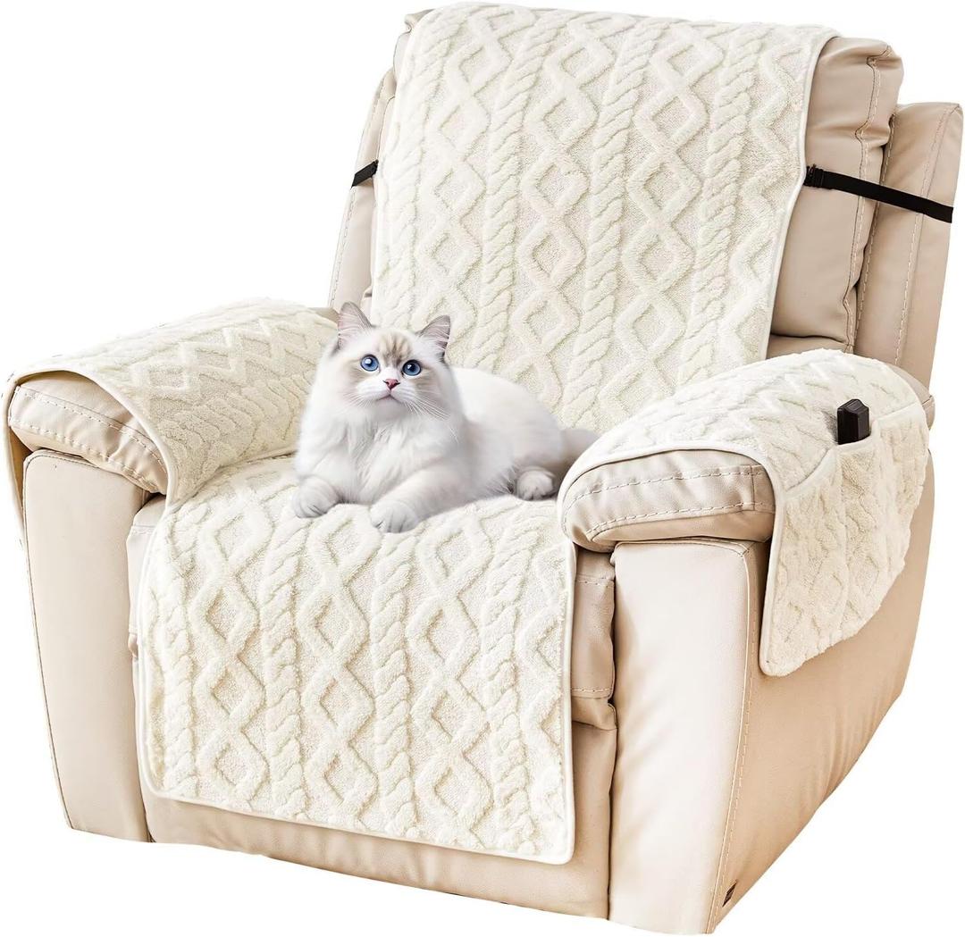 Recliner Cover for Lazy Boy Recliner Chair Covers,23Inches Washable Quilted Recliner Chair Covers with Side Pockets,White Furniture Protector for Pets/Kids
