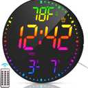Kasbin 12 Inch Large Digital Wall Clock with Remote Control,RGB Color,Timer Date Temperature Display,Modern Clock for Living Room Bedroom Decor, Gift for Elderly (Black Mirror, 12")