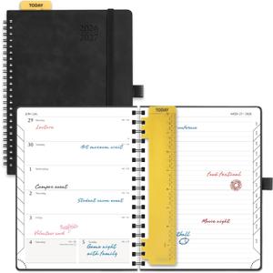 POPRUN Weekly Planner 2026-2027, 6.5" x 8.5", (July 26-June 27) Academic Weekly and Monthly Planner, Calendar Notebook 2026-2027 Agenda for School, College, Spiral Leather Softcover - Black
