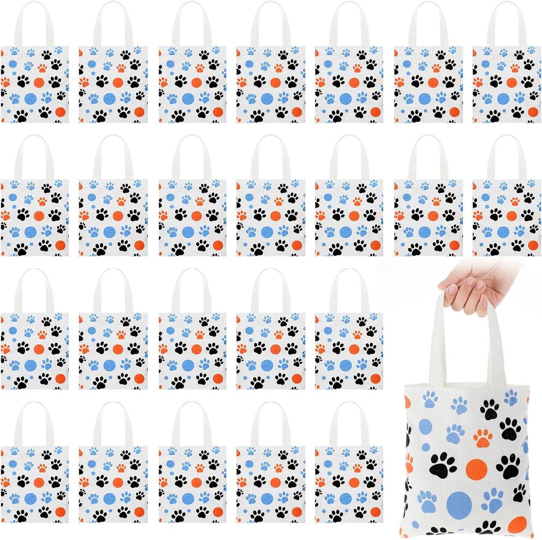 Amylove 24 Pcs Dog Paw Print Canvas Bag with Handles Mini Canvas Tote Bags Puppy Themed Gift Tote Reusable Grocery Luggage Sack Goody for Puppy Dog Cat Birthday Party Supplies 8 x 8.5 Inch Blue