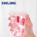 16oz Disposable Stemless Glasses with Flat Lids and Straws,PET Disposable Drinking Cups,Clear Plastic Wine Glasses for Parties Birthday,Wedding,Meeting,Christmas Party Supplies. (50, Pink)