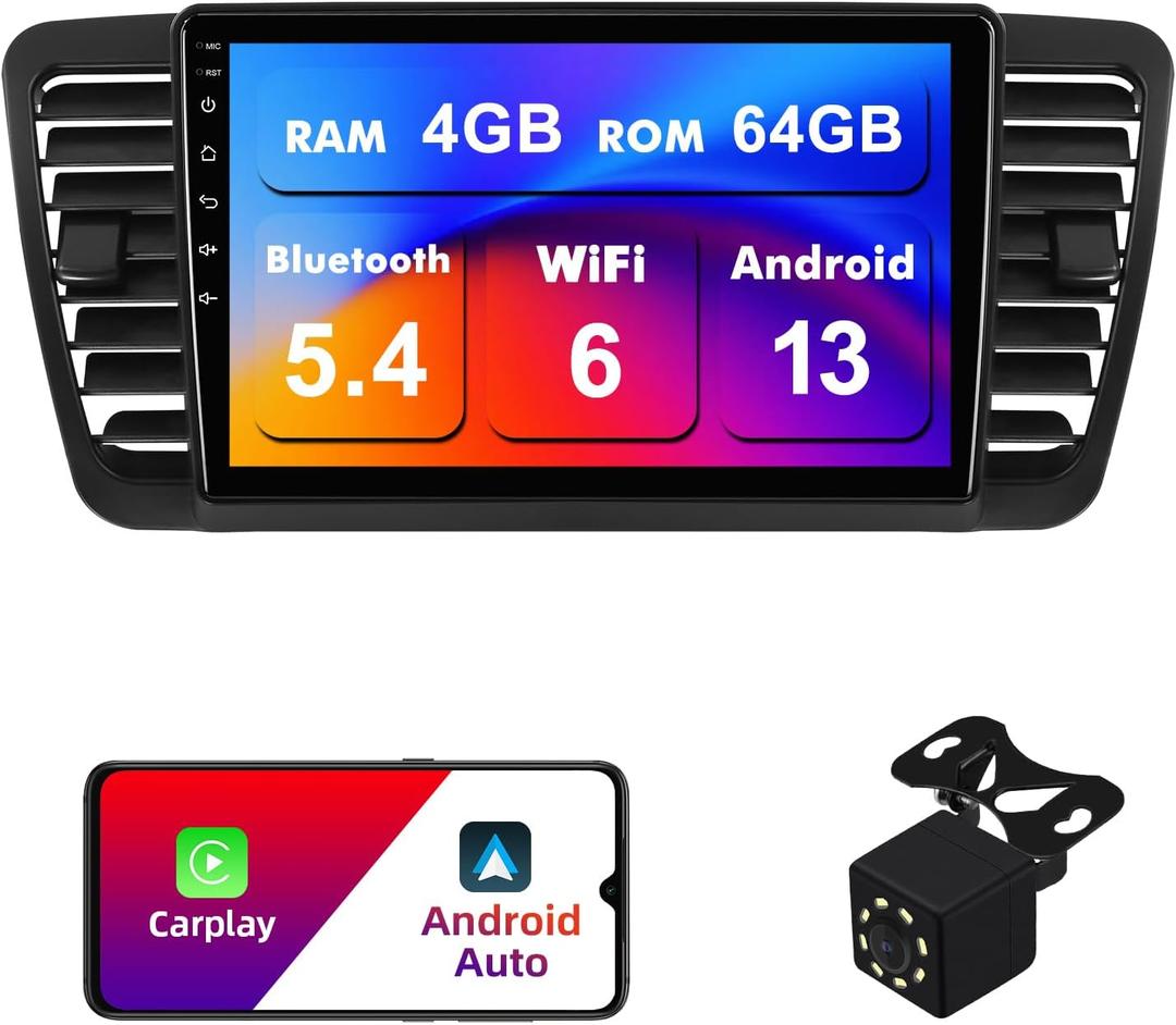 4+64G Android 13 Double Din Car Stereo for Subaru Legacy Outback 2005-2009 with 9 Inch Touchscreen Radio Built-in Wireless Carplay/Android Auto/GPS/Bluetooth/FM/Steering Wheel Controls/Backup Camera