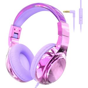 QearFun Kids Headphones Wired with Mic, 85/94dB Safe Volume Limit, Foldable Over Ear, Tangle-Free Cord & Sharing Port, Wired On-Ear Headset for School, Chromebook, Tablet, Travel - Boys & Girls (Light purple)