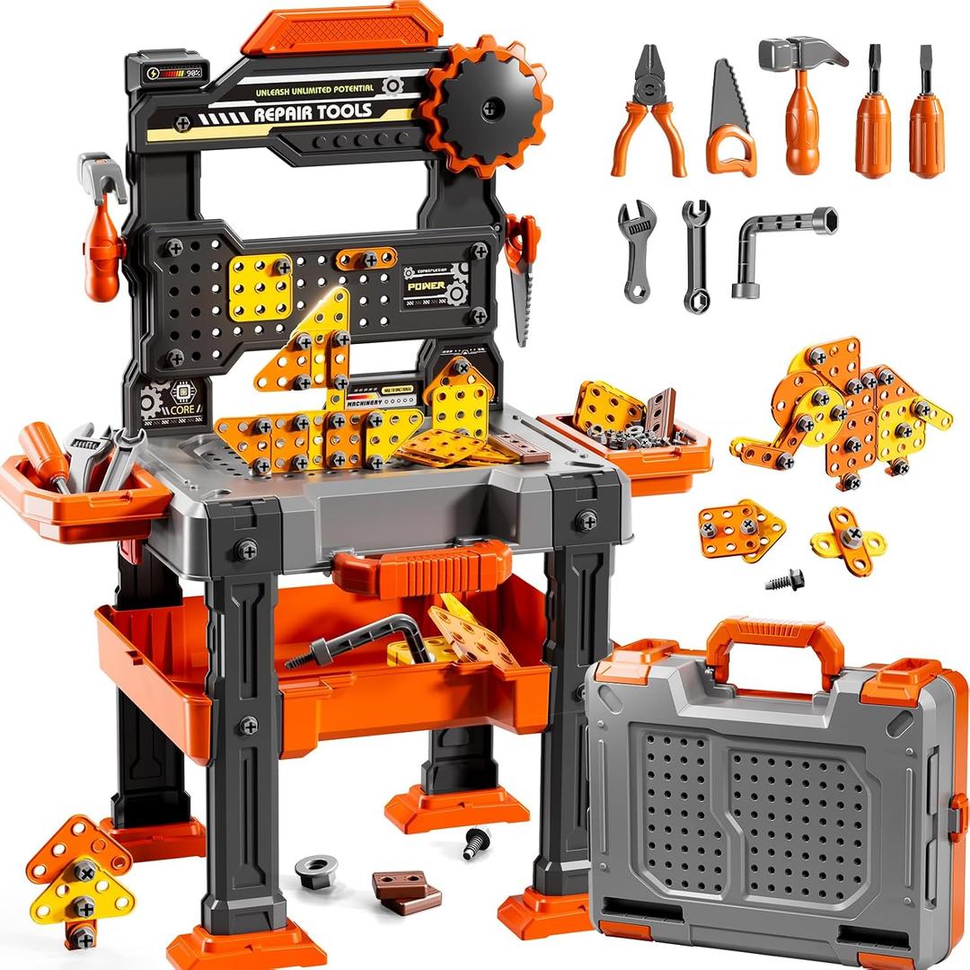 Kids Tools Toy Sets, 2 in 1 Workbench Toys and Pretend Play Toolbox | Construction Mechanic Set with Sound, Educational Birthday Gift for Toddlers Boys Girls Ages 3-5 6-8