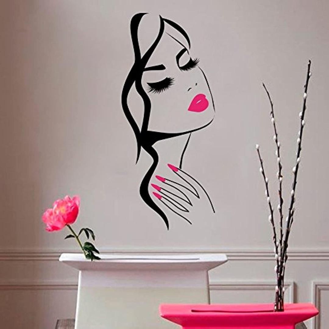 Beauty Salon Wall Decal Girl Face & Red Lips Art Sticker for Barber Shop, Nail Salon, and Home Decor Removable Vinyl Mural for Hairstyle Decoration M-73 (Black +Pink Lips, 40X90CM)