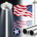 12-Gauge Heavy Duty Flag Pole Holder for Outside House, Flag Pole Kit with Light Solar Powered and Flag, 25FT 100MPH Silver, 2MM Thick Flagpole Hardware with Pulley and Rope