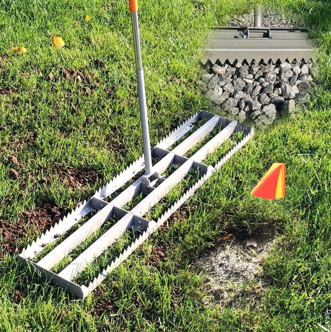 Lawn Leveling Rake, 2-in-1 Double-Side Leveler with 20 Marking Flags for Low Spot, 48" Heavy Duty Stainless + Powder Coated Landscape Rake, Flat & Serrated Side for Soil Dirt Sand Gravel, Yard Garden