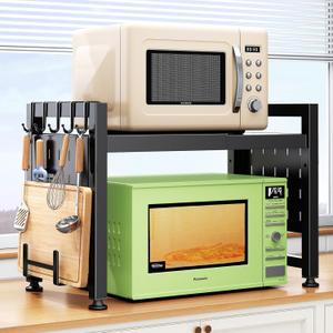 Expandable Microwave Stand Countertop, 2-Tier Adjustable Microwave Oven Rack with 8 Hooks & 2 Holders, Heavy Duty Carbon Steel Microwave Shelf for Kitchen Counter Organizer and Storage, Holds 120lbs (Black)