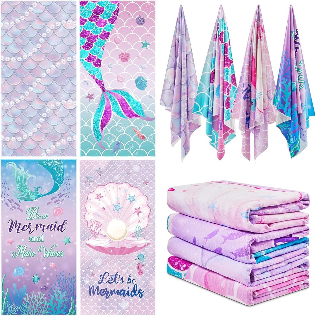 Newwiee 4 Pcs Beach Towels for Kids Bulk Microfiber Bath Towel for Girls Boys Quick Dry Pool Travel Swimming Bath Shower 28"x 59"(Purple,Mermaid Tail)