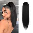 BARSDAR Short Straight Ponytail Extension - 14 Inch Drawstring Black Ponytail Hair Extensions for Women - Synthetic Fake Pony Tails Hairpieces Clip in Straight Ponytails Daily - Jet Black