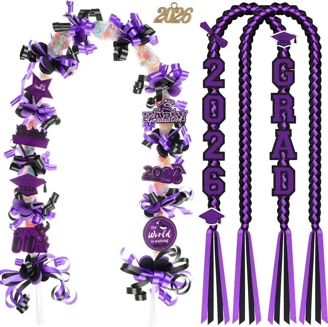 RoundFunny Purple Black 99 Pcs Graduation Leis 2026 Candy Ribbon Leis Kit Class of 2026 Congrats Candy Necklace DIY Craft Accessories Graduation Gift for Party Supplies High School College