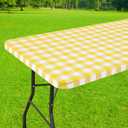 Smiry Rectangle Picnic Table Cloth, Elastic Waterproof Fitted Vinyl Tablecloths, Flannel Backed Buffalo Plaid Table Covers for Dining, Camping, Outdoor (White and Yellow, 30" x 96")