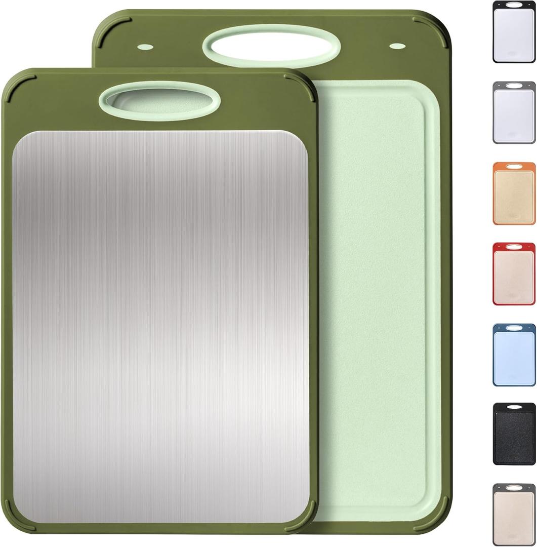 2 in 1 Stainless Steel Cutting Board with Handle 2 Packs Metal Chopping Board Solid Thick Wood Juice Groove Chopping Board Small Big Xl XXl xlarge Oversized Kitchen Counter Organic Vegetable Meat Kit (Morandi Green)