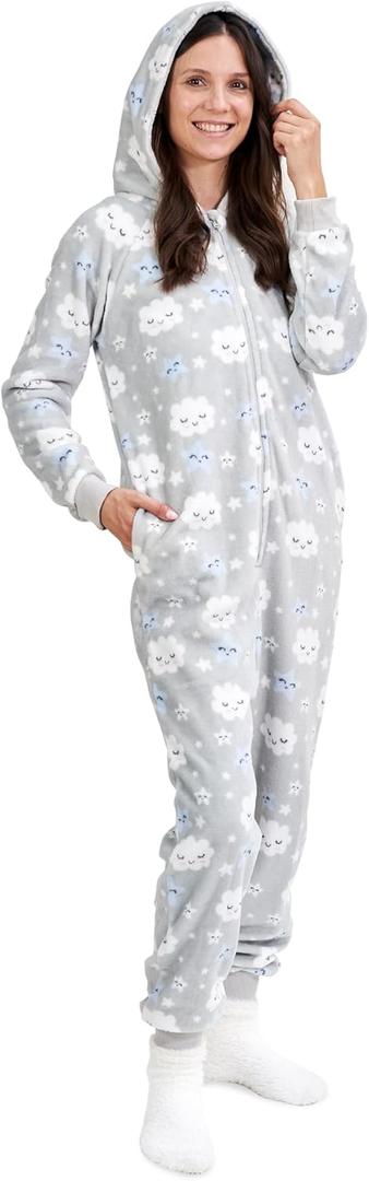 The Big Softy Adult Onesies for Women, Fleece Onesie PJs for Women, Teens, Funny Adult Onesie Pajamas, Cute One Piece Pajamas (Grey Clouds)