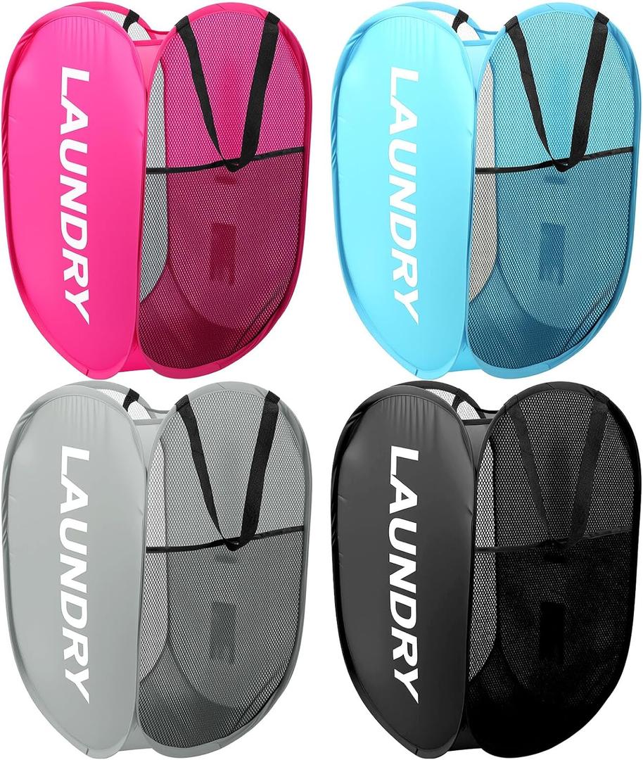 4 Pack Foldable Mesh Pop Up Laundry Hamper with Handles, Collapsible Laundry Basket Extra Large Clothes Hamper with Large Side Pocket for Teen Room College Dorm Travel(23 x 14.2 x 14.2 inch)