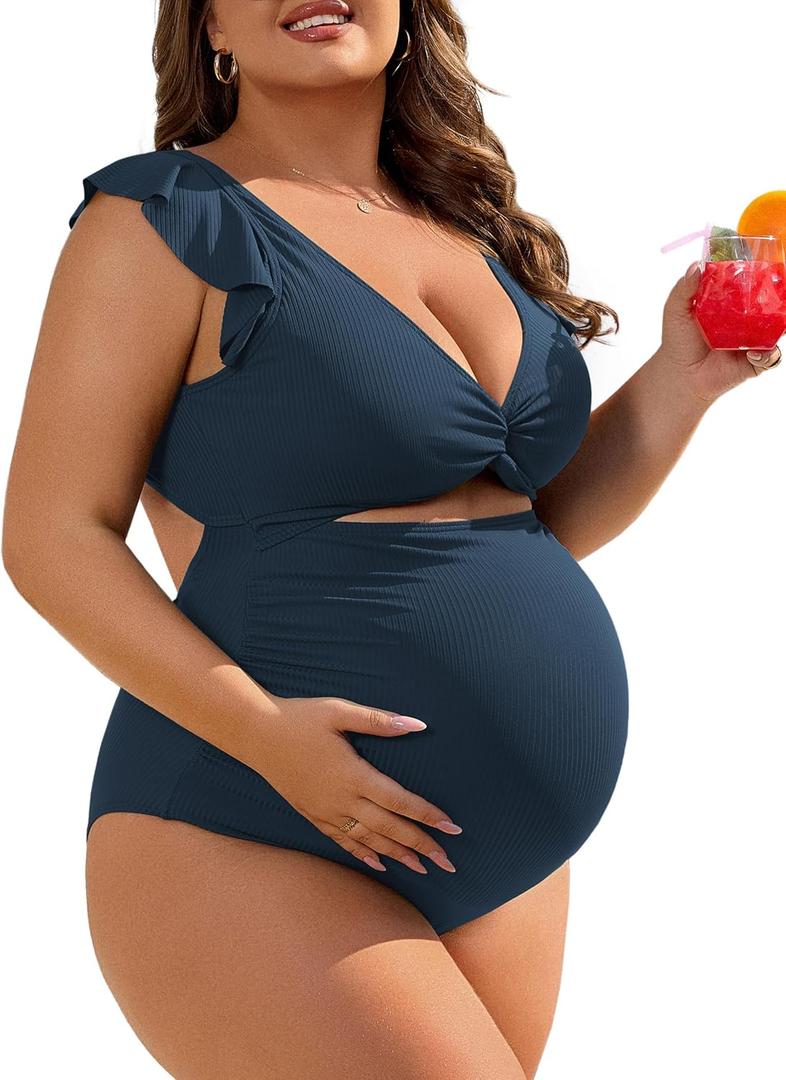Charmo High Waisted Maternity Swimsuit Ribbed Ruffle One Piece Pregnancy Bathing Suits Self Tie Swimwear, (M,Navy)