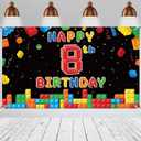 Panelee Building Block Birthday Banner Building Blocks Party Backdrop Decoration Happy Birthday Banner Photography Background for Party, 72.8 x 43.3 Inch(Black,8th)