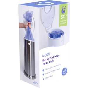 Ubbi Diaper Pail Plastic Bags, Disposable Baby Waste Bags, 3 Pack, 75 Count, 13-Gallon Bags