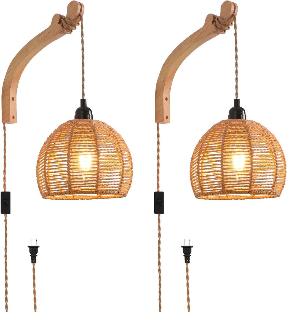 Plug in Wall Sconce,Farmhouse Wicker Wall Lamp Plug in,Hand Woven Rattan Wall Light Farmhouse Rustic Boho Sconces Wall Lighting for Living Room Bedroom (2 PACK, 2 Packs 7.87IN Rattan)
