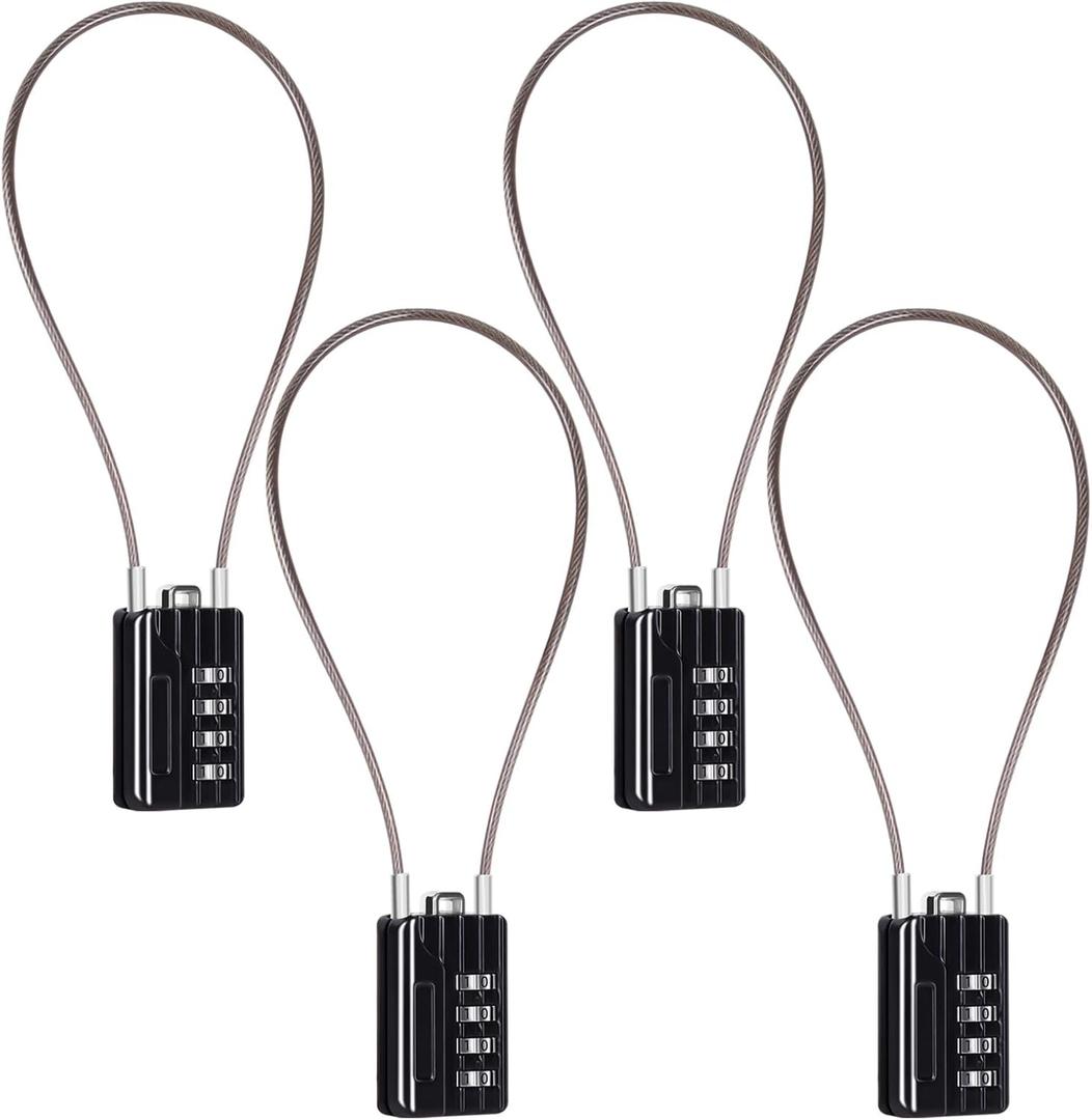 SEPOX® 4 Pcs Resettable Combination Padlock, 1-3/ 16" Width Body with 32cm Extrem Long Cable, 4 Digit Combo Cable Lock for Suitcase, Travel Bag, Gym Lockers, Filing Cabinets, Pack of 4 Black